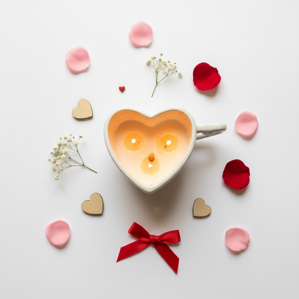 Heart-shaped candle flat lay